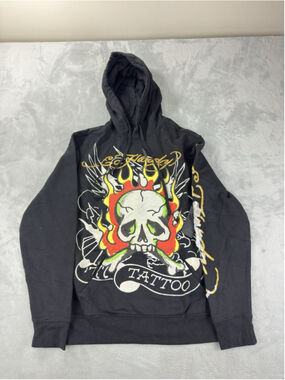 Ed Hardy Pullover Black Hoodie Nwt Men's Size Small Flaming Skull Graphic Print